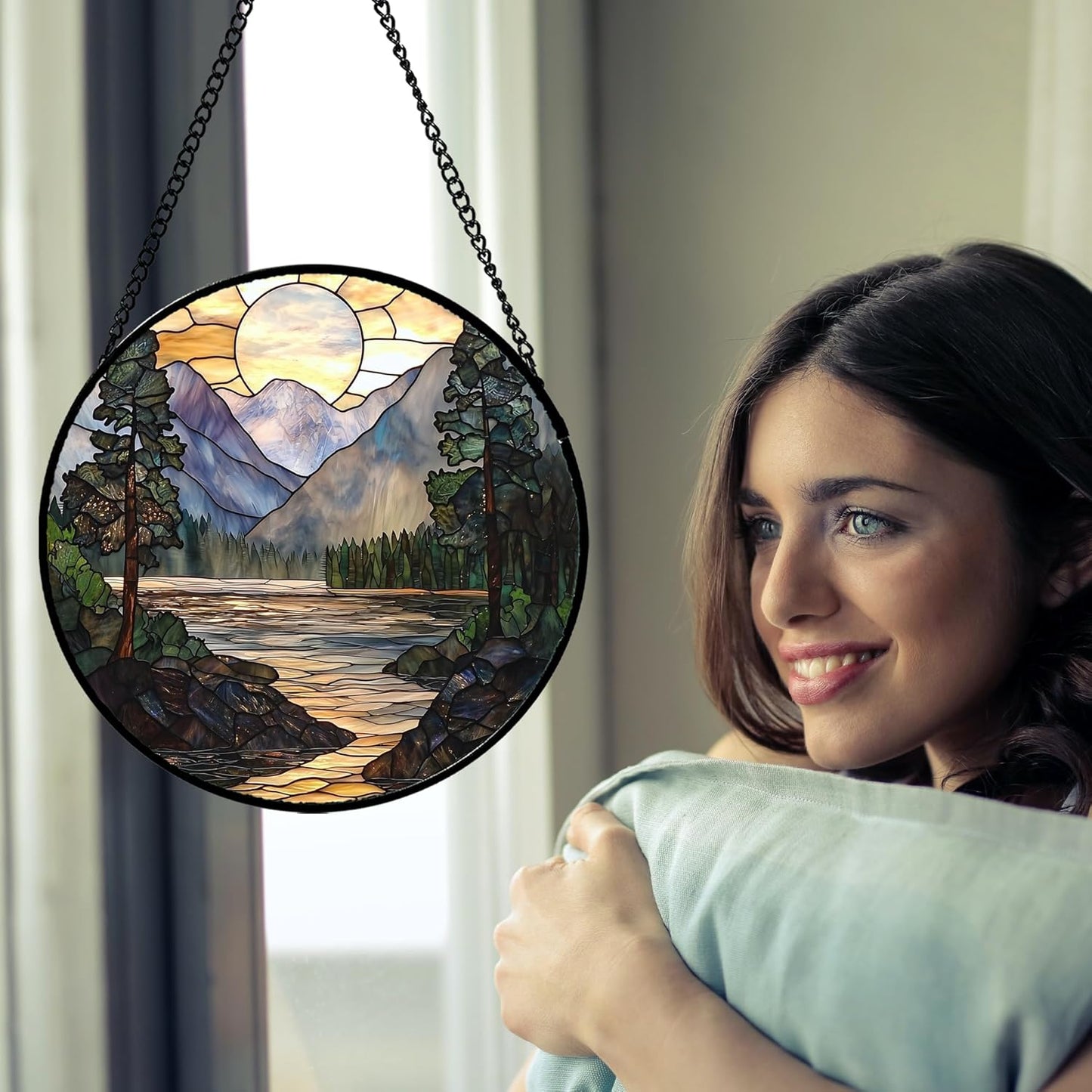 Stained Glass Window Hanging, Sunset Mountains Lake Tree Sun Catcher for Window Home Decor Landscape Suncatcher Mother's Day Birthday Gifts for Women Men Mom and Nana 6.3 in