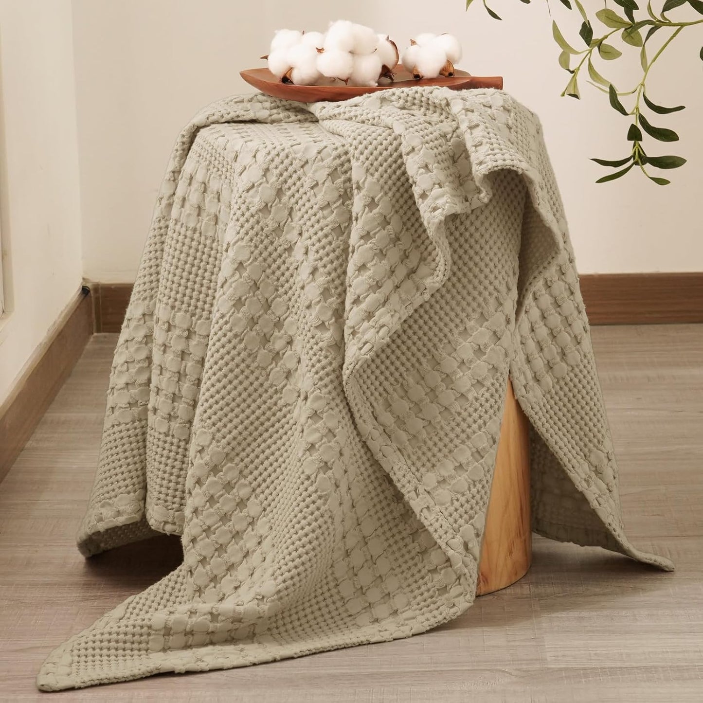 PHF 100% Cotton Waffle Weave Throw Blanket, Soft Lightweight Breathable Cozy Summer Throws for Couch Bed Sofa, Luxury Aesthetic Woven Blanket for Home Decor & Office, 50"x60", Khaki