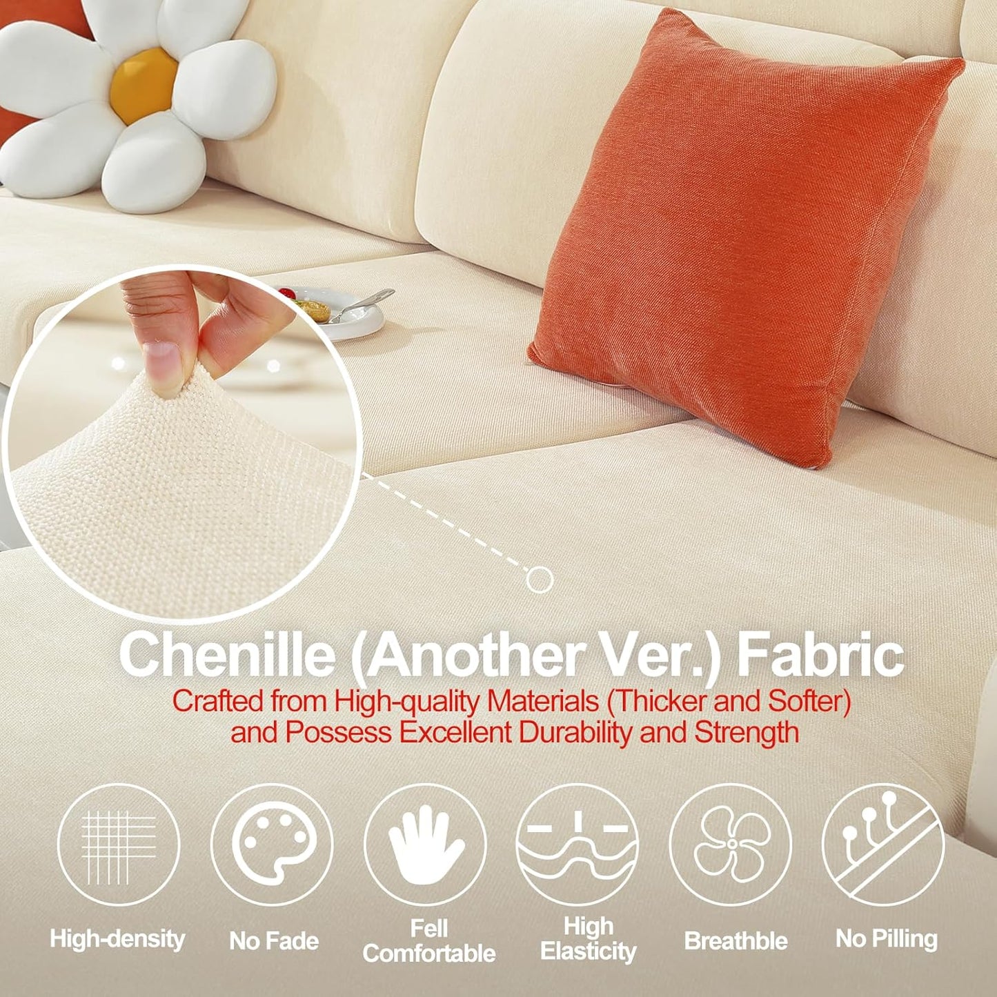Individual Couch Cushion Covers, Stretch Sectional Couch Covers for L Shaped Sofa, Softer Chenille Sofa Covers for 3 Couch Cushions, Non-Slip Seat Slipcover Protector (3 Piece, Beige)