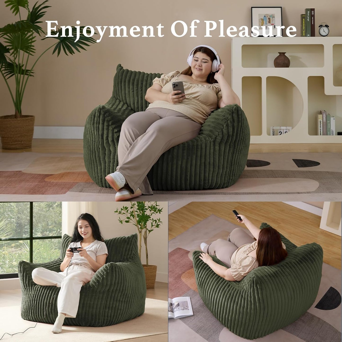 Giant Plush Bean Bag Chair for Adults with Armrests - Oversized Comfy Green Beanbag Lounge Lazy Floor Sofa Accent Chair for Living Room, Bedroom & Dorm, Cozy Fluffy Single Cloud Mini Couch