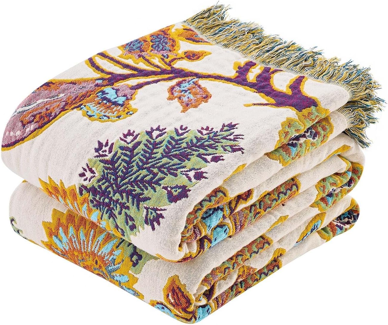 Boho Throw Blanket for Bed, 100% Cotton Soft Rustic Quilt Fall Blanket, 80"x90" Floral Printed Farmhouse Decor Bed Blankets, All Season Rustic Reversible Bohemian Throw Quilt