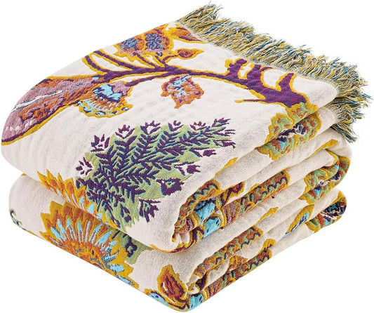 Boho Throw Blanket for Bed, 100% Cotton Soft Rustic Quilt Fall Blanket, 60"x80" Floral Printed Farmhouse Decor Bed Blankets, All Season Rustic Reversible Bohemian Throw Quilt