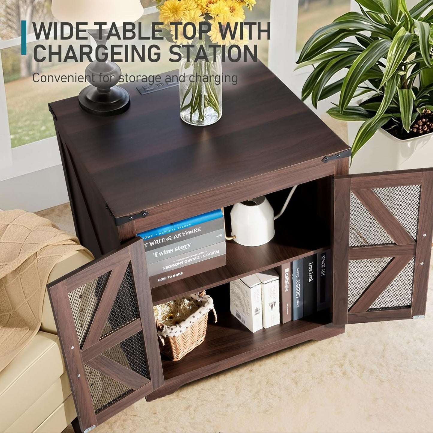 Farmhouse End Table Set of 2, 24" Large Sofa Side Table with Charging Station, Mesh Barn Door, Rustic Wood Nightstand with Adjustable Storage Shelf, Square Nightstand for Living Room