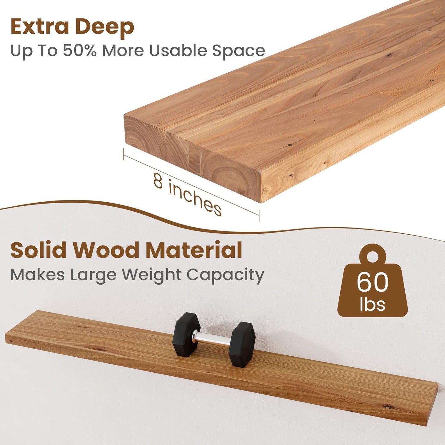 Floating Shelves for Wall Decor, 8" Deep Rustic Solid Elm Wood Floating Shelves Wall Mounted, Wall Shelves with Invisible Bracket for Living Room Bathroom Bedroom Kitchen, 55 Inch Set of 1, Natural