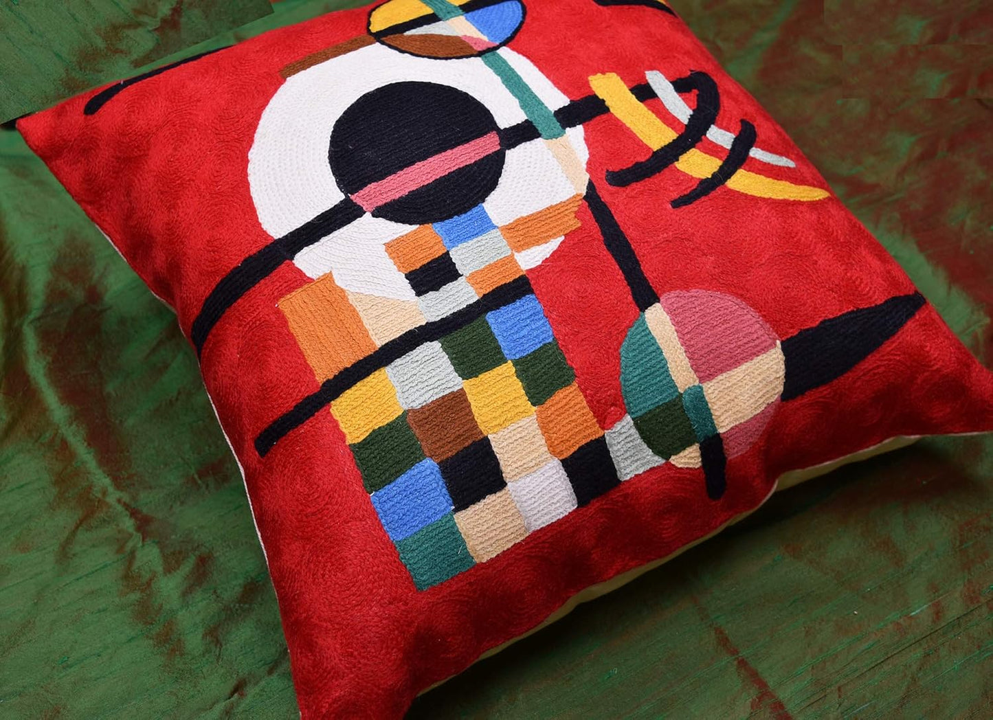 Modern Throw Pillow Cover - Kandinsky Inspired Abstract Pattern - Red - 18" x 18" - Hand Embroidered Wool - Living Room, Office, Bedroom, Outdoor