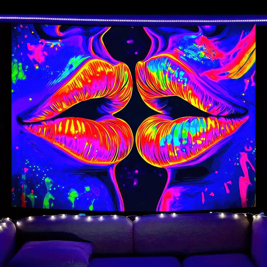 BlissYard Blacklight Tapestry Lip Tapestry Glowing 78x59 Inch UV Reactive Large Neon Decoration Posters Wall Hanging for Home Living Room Bedroom Party Decor Photo Shoot Props