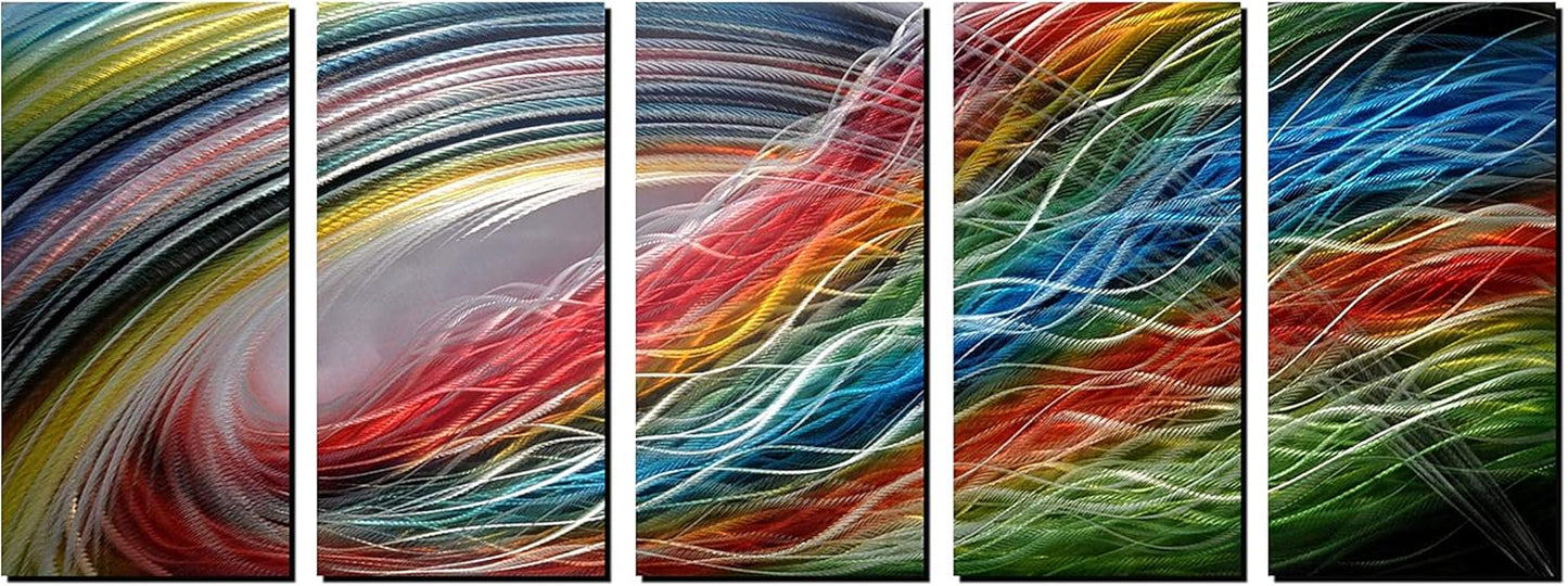 Panel Metal Wall Art with Colorful Wave Lines Design, Abstract Modern and Contemporary Décor, Unique Metal Wall Sculpture, Silver Aluminum Artwork, Indoor and Outdoor decoration, 5 panels 64"x24"