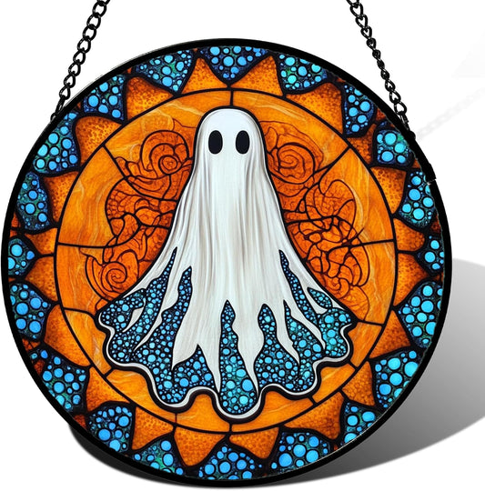 Stained Glass Window Hanging - Halloween Decorations White Ghost Suncatcher for Doors Garden Indoor Spooky Funny Blue Sun Catchers Gothic Decor Horror Gifts for Women Men Friend 7.8 in
