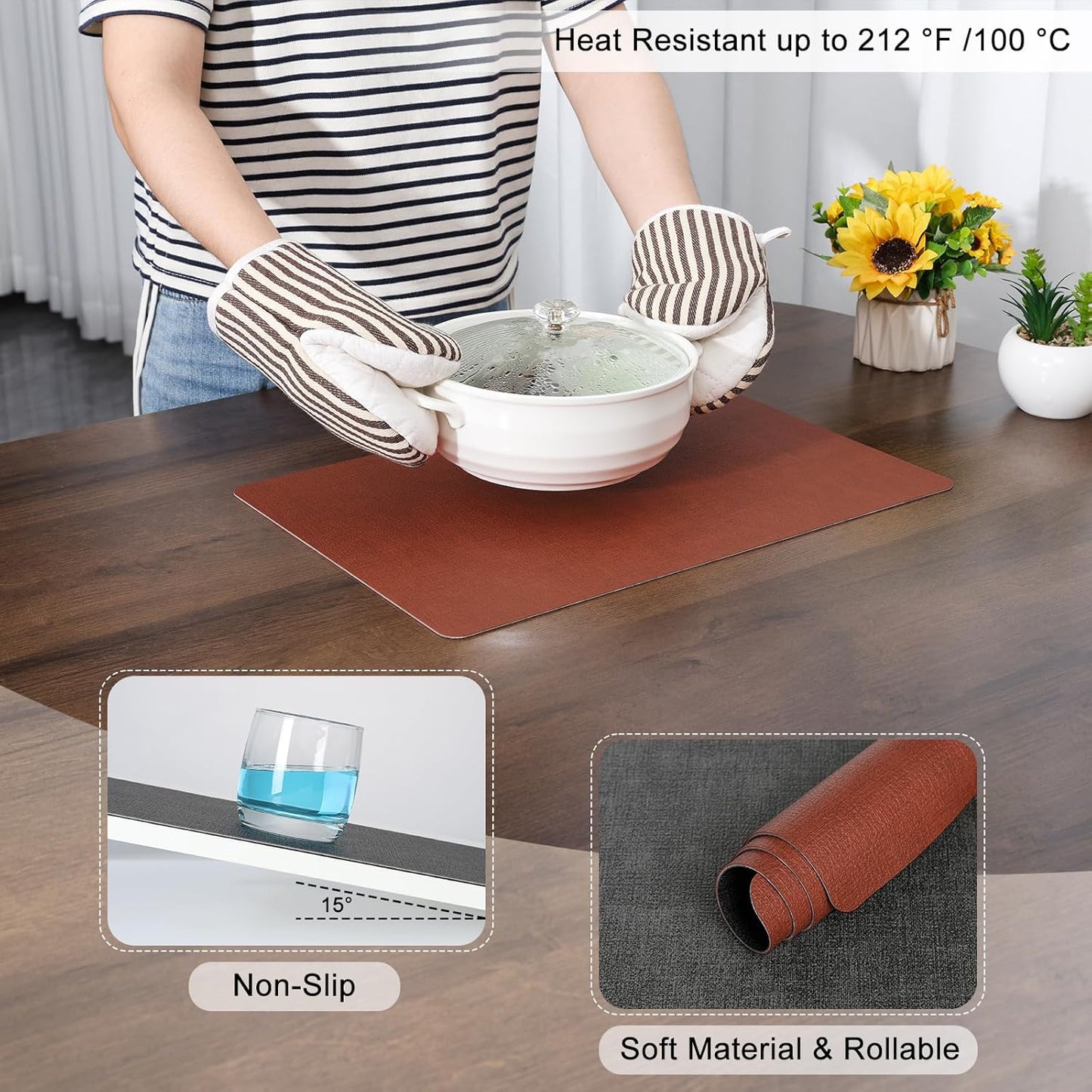 Myir JUN Dual Sided Faux Leather Placemats Set of 4 for Indoor Outdoor Dining Tables, Square Non-Slip Washable Wipeable Table Mats (Gray Terracotta)