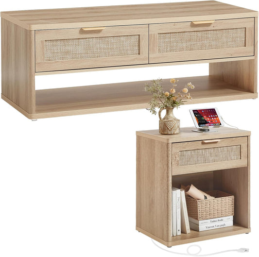 LEYAOYAO Boho Rattan Coffee Table Sets 2 Pieces, Nightstand with Charging Station and Coffee Table with Hidden Storage Compartment, Natural Living Room Table Set, Wood Furniture Sets for Home Office