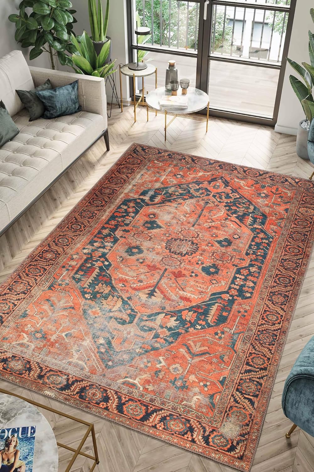 Keen Home Design 6x9 Rug - Machine Washable Area Rug with Non-Slip Backing, Ideal for Living Room, Dining Room, Bedroom - Vintage, Easy Clean, Durable, Low Pile Rug - (6' x 9')