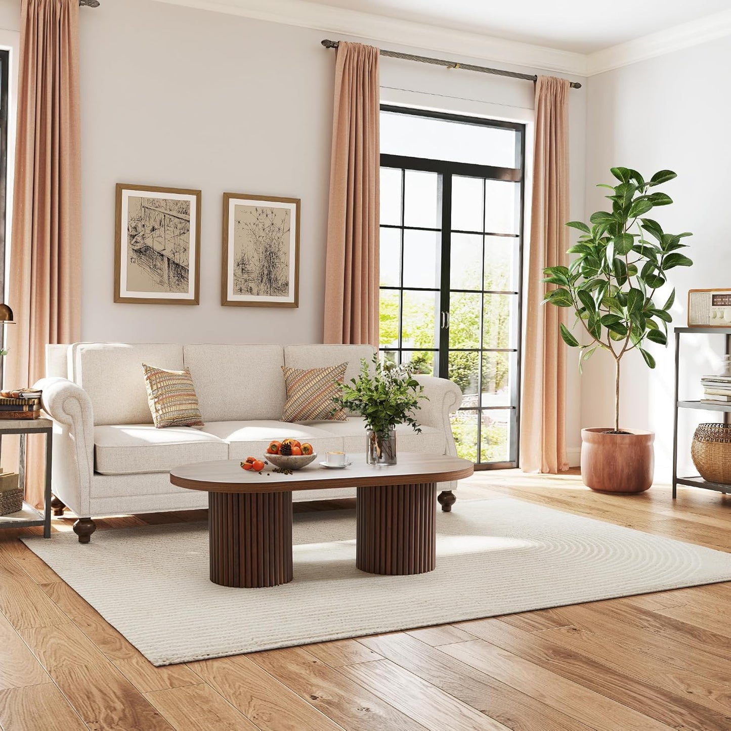 Oval Fluted Coffee Table, Farmhouse Wood Coffee Table Mid Century Modern Center Table Boho Living Room Tables for Living Room Office (Walnut, 19.69" D x 39.38" W x 13.78" H)