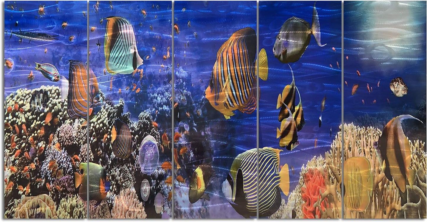 Yihui Arts Cosatal Metal Wall Art, Large Nautical Metal Wall Art in Modern Ocean Design, 3D Outdoor Pictures Wall Decor, 5 Panels, Metal School of Fish Art
