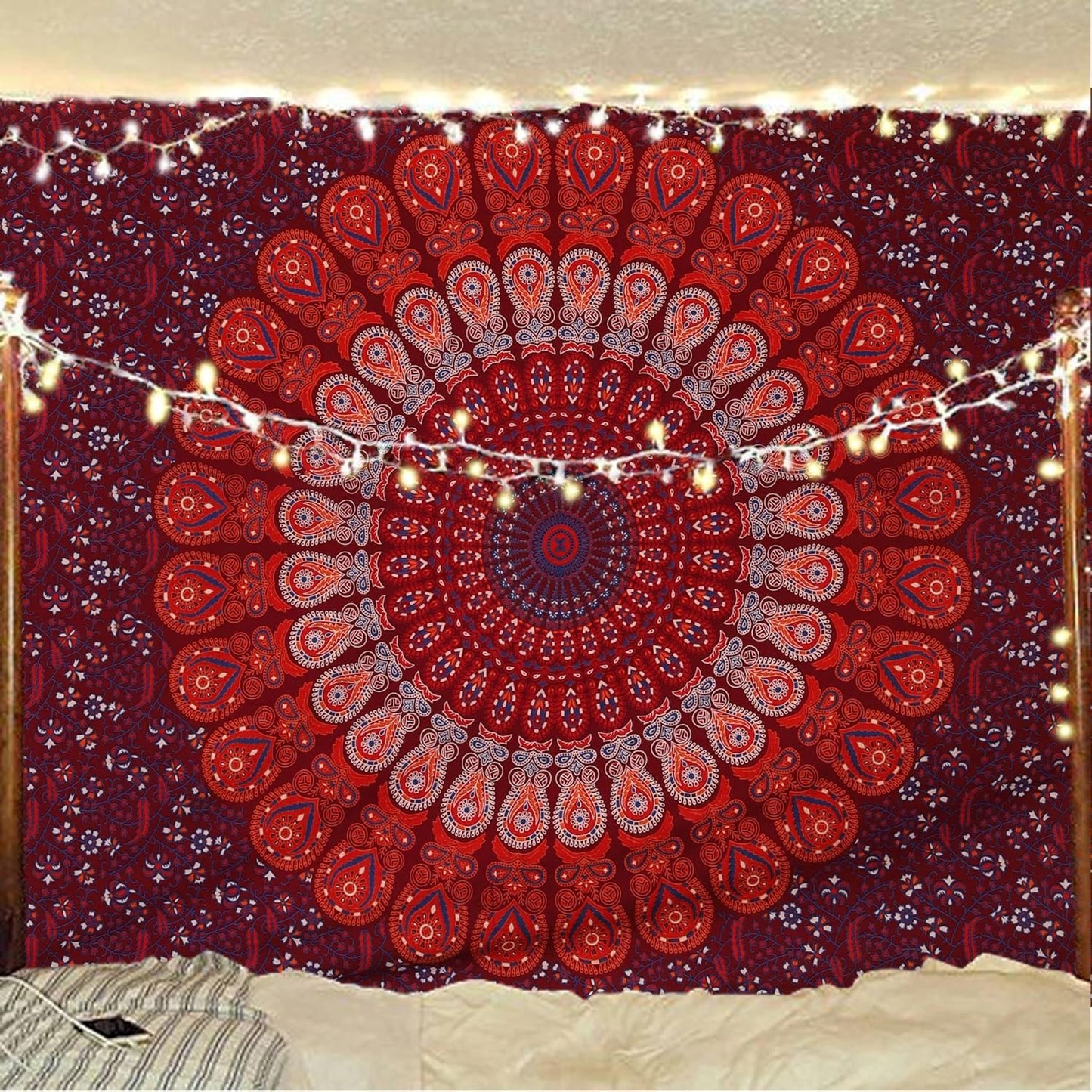Bless International Handmade Indian hippie Bohemian Psychedelic Peacock Mandala Wall hanging College Dorm Beach Throws Table Cloth Bedding Tapestry (Blue Red, Medium(54x60Inches)(137x152cms))