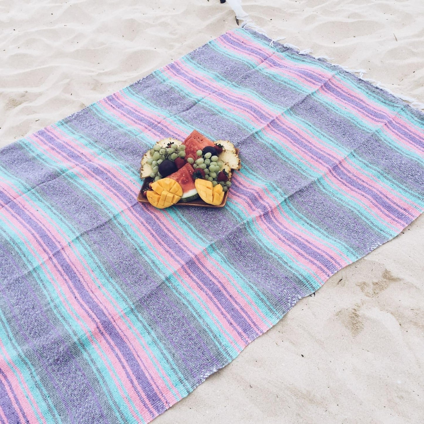 Del Mex Classic Mexican Blanket, Large Authentic Woven Falsa Throw (70"x50"), Artisan Southwest Décor for Beach, Yoga, Outdoors (Mint/Pink/Gray)