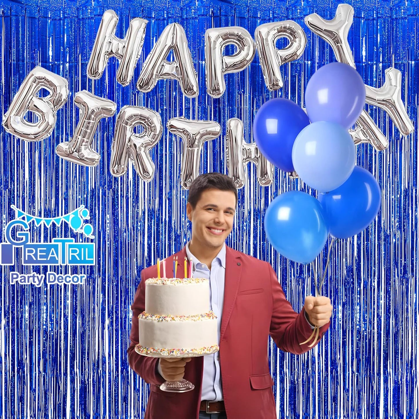 Dark Blue Tinsel Backdrop Streamers - GREATRIL Party Streamers Backdrop Foil Fringe Curtains for Birthdays/Bachelorette/Bridal Shower/Engagement Decorations - 1m x 2.5m - Pack of 2