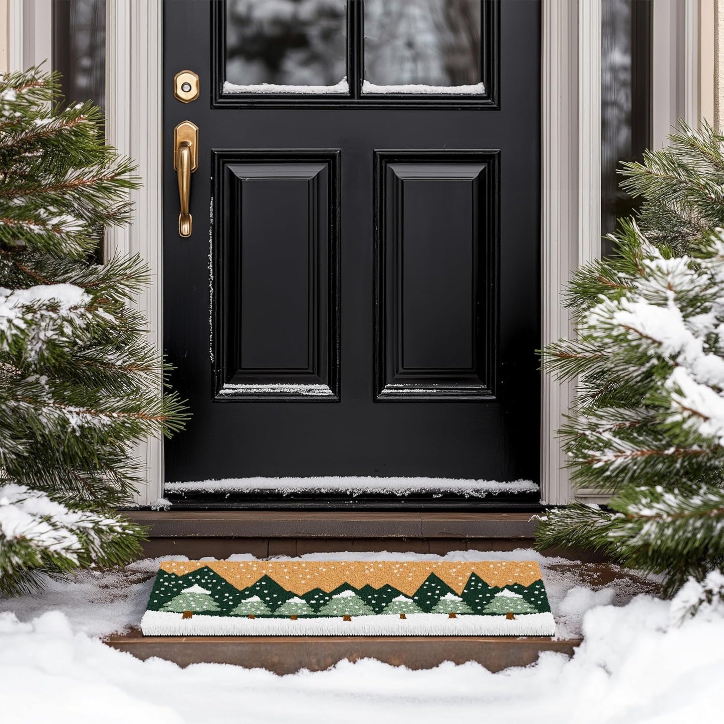 Barnyard Designs Natural Coco Coir Christmas Doormat - Large Cute Non-Slip Heavy Duty Backing Door Mat for Outside Entrance or Porch Entry, Brown (17x30, Winter Snow Forest)