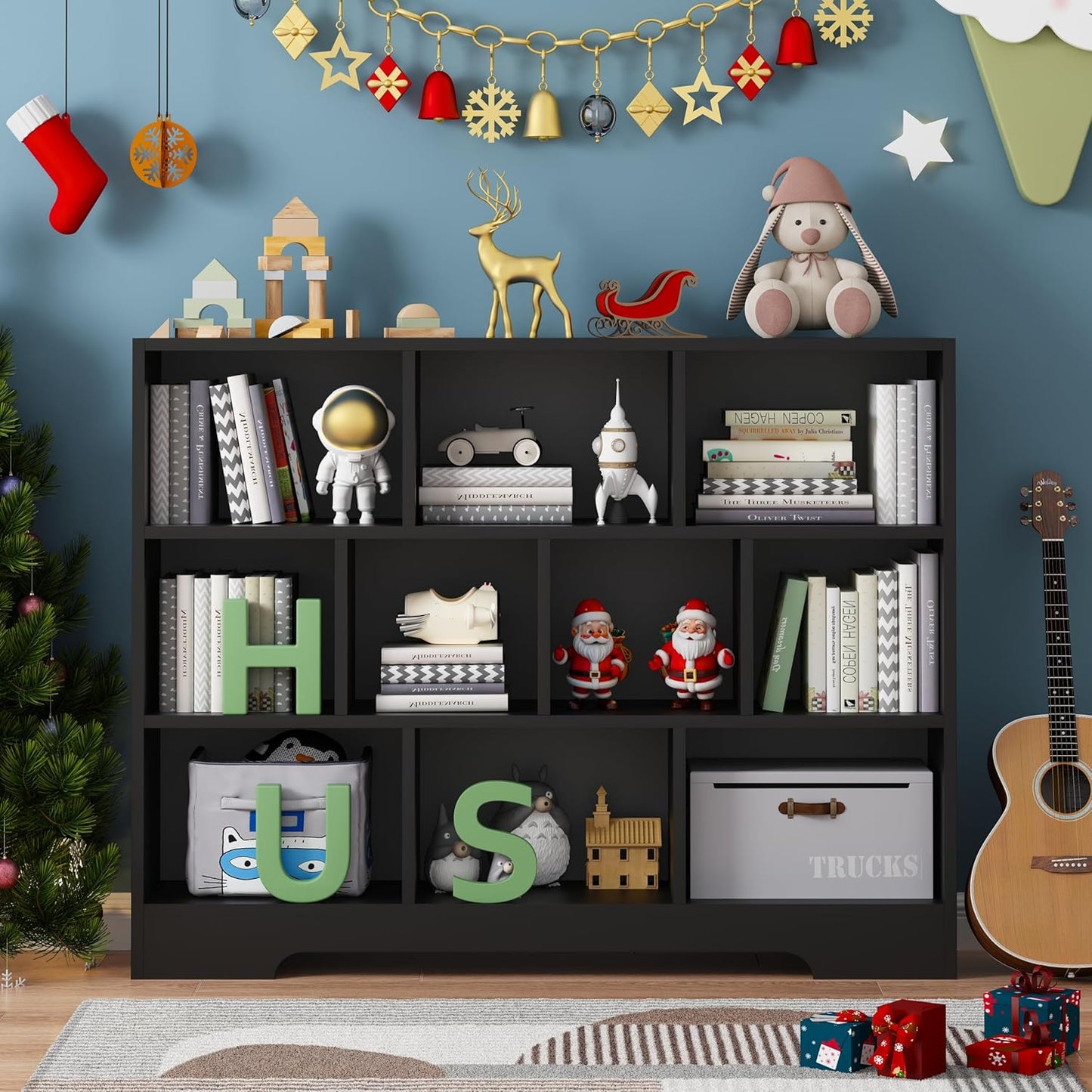 Book Shelf, 10 Cubes Storage Organizer, Freestanding Black Bookshelf Cube Shelf for Bedroom, Living Room, 3-Tier Open Bookshelf Wooden Bookcase