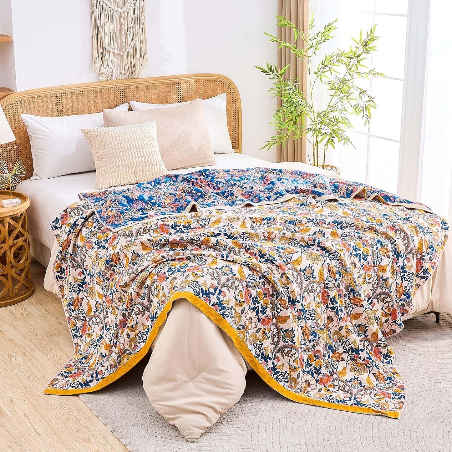 Boho Blanket Throw Quilt, 100% Cotton Soft Light Weight Throw Blankets for Summer, 80"x90" Farmhouse Flower Decorative Blankets, All Season Rustic Reversible Bohemian Throw Quilt