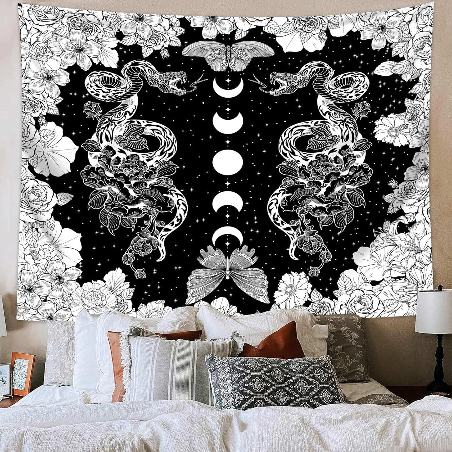 dueeia Moon Phase Witchy Tapestry Wall Hanging Snake Witch Occult Black and White Dark Tapestries for Bedroom Aesthetic Living Room Wall Decor (90.6"x70.9")
