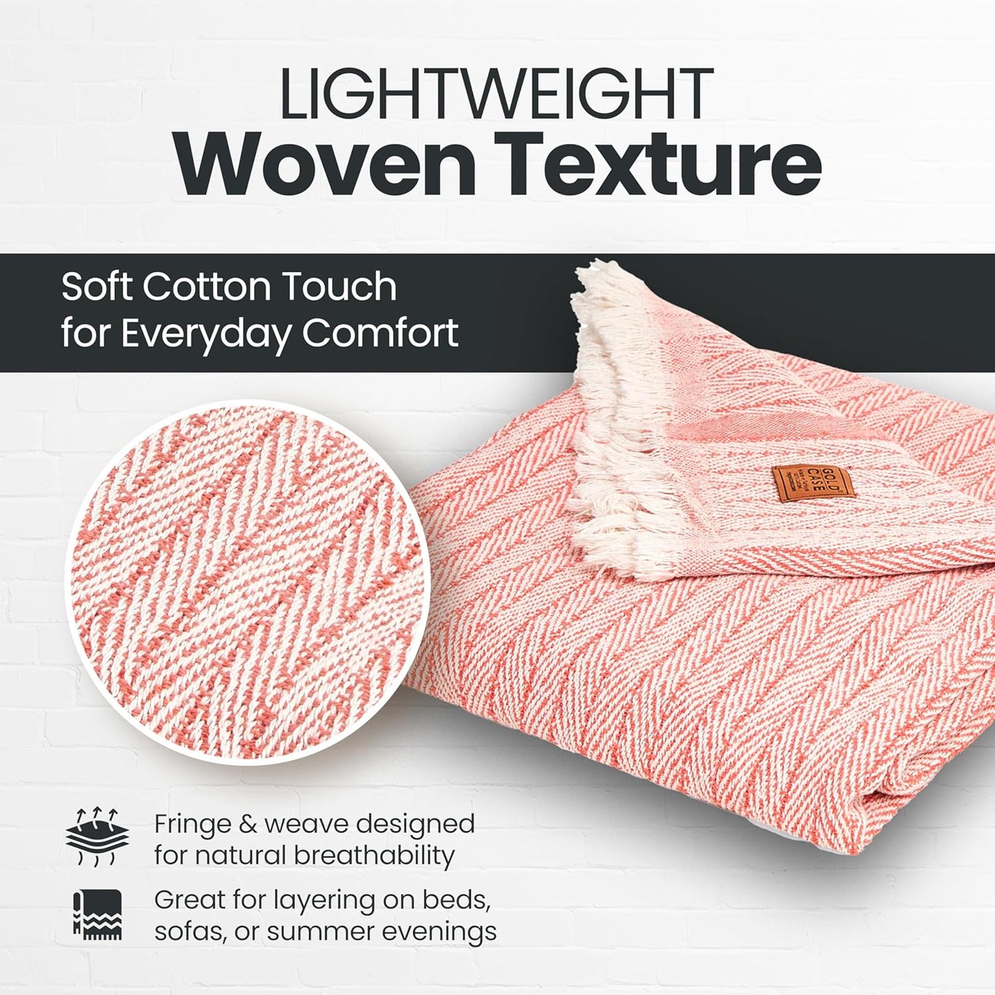 Gold Case Throw Blanket for Couch – 100% Recycled Turkish Cotton Blankets & Throws – Elegant Decorative Throw Blankets for Living Room Sofa – Woven Throws for Couch – Vintage Orange – 50x60