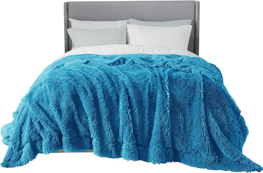 Bedsure GentleSoft Fluffy Bright Blue Blankets Queen Size for Bed, Thick Sherpa Faux Fur Fleece Fuzzy Plush Winter Warm Soft Queen Blankets, Bedroom Decor Blue Cozy Gifts for Women Men, 90x90