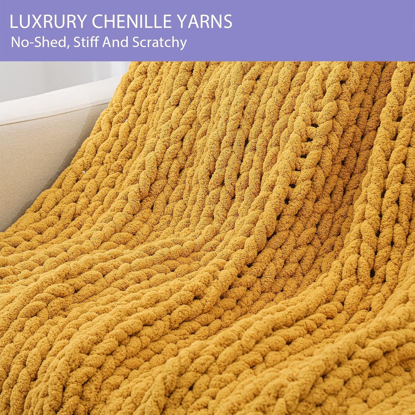 Bigacogo Chunky Knit Throw Blanket for Couch, 51x63 inches, 100% Hand Knitted with Thick Jumbo Chenille Yarn, Cozy Soft Large Rope Knot Cable Crochet Blankets for Sofa Bed Living Room, Mustard Yellow