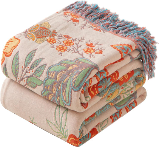 Boho Throw Blanket Twin Size, Soft Cozy Cotton Muslin Quilt Blanket for Bed Decor, Floral Patterned Couch Sofa Chair Cover, Vintage Farmhouse Cottage Tapestry Woven Blanket, Coral&Green