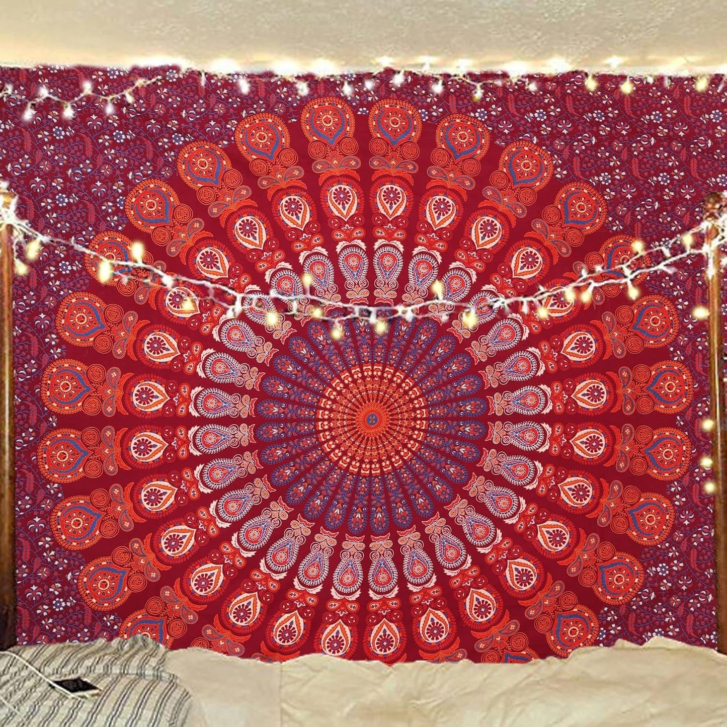 Bless International Handmade Indian hippie Bohemian Psychedelic Peacock Mandala Wall hanging College Dorm Beach Throws Table Cloth Bedding Tapestry (Blue Red, Queen(84x90Inches)(215x230Cms))