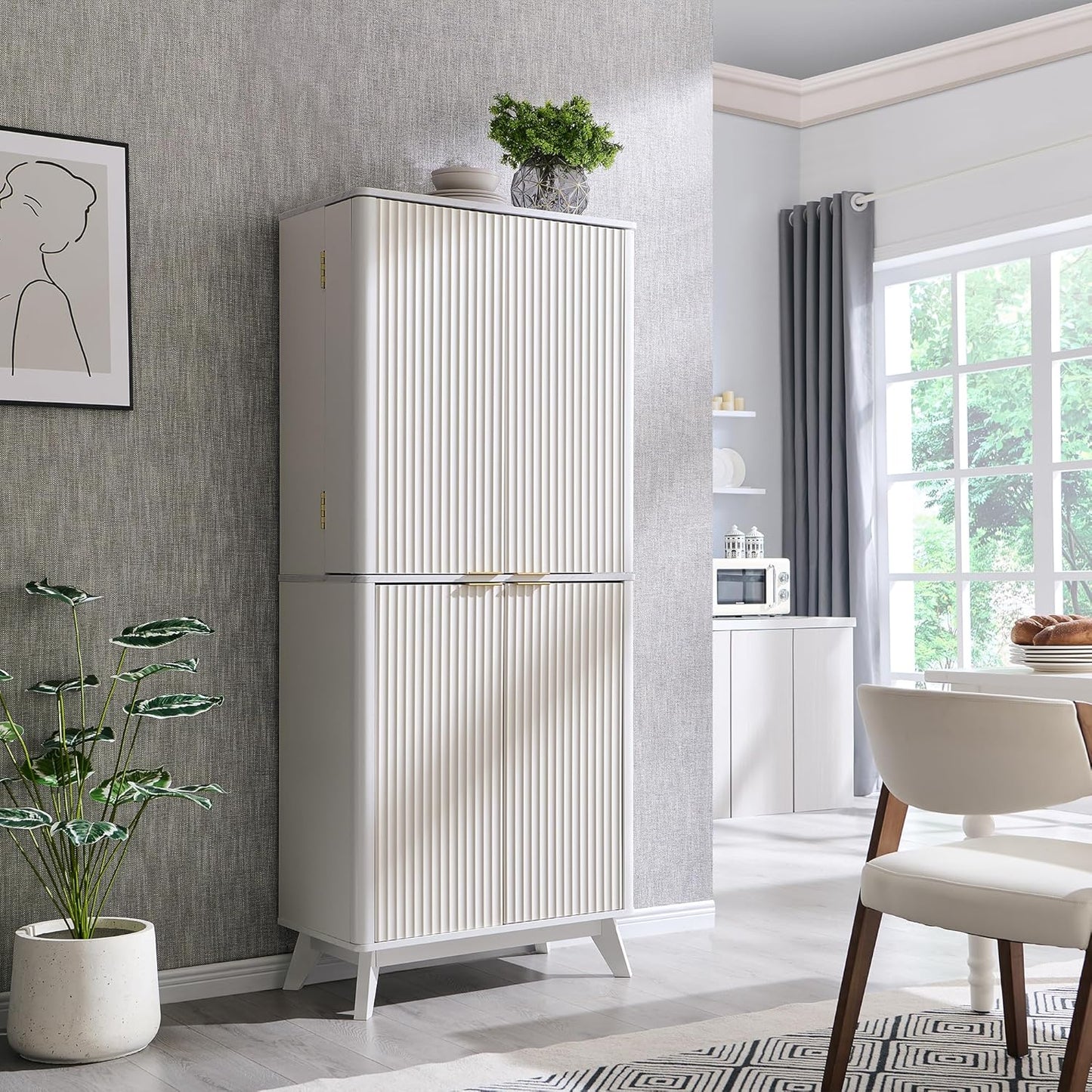 OKD Fluted Kitchen Pantry, 72" Tall Mid Century Modern Storage Cabinet with Adjustable Shelves & Door Organizer, Wood Cabinet for Kitchen, Living Room, Solid White