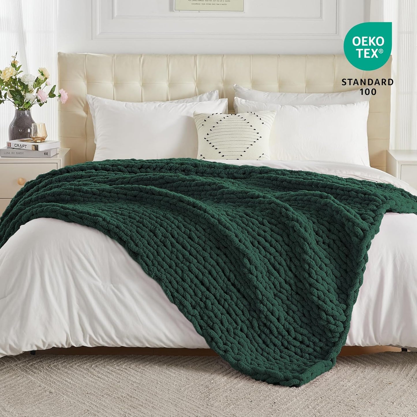 Carriediosa Chunky Knit Throw Blanket 60" X 80" Twin, 100% Hand Made Large Chenille Loop Yarn Soft Fluffy Throws for Couch Sofa Bed, Big Crochet Cozy Heavy Thick Cable Woven Blankets, Dark Green