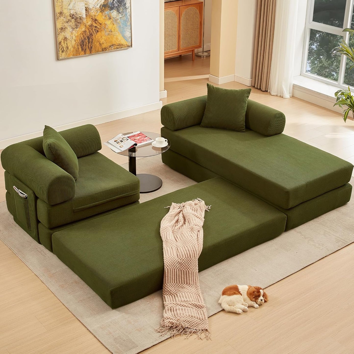107" Oversized Convertible Sleeper Sofa Bed, Corduroy L Shape Sectional Couch, Folding Sofa Bed with Side Pocket, Modern Cloud Floor Mattress Couch, Modular Sofa for Living Room, Green