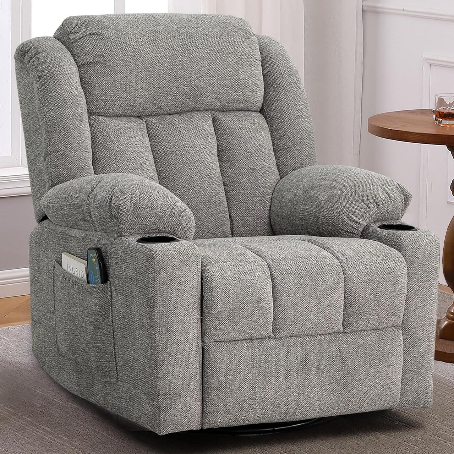 Rocker Swivel Recliner Chair for Adults, Overstuffed Large Manual Recliner Glider with Massage and Heat, Comfy Soft Fabric Living Room Reclining Sofa Chair(Lime Gray)