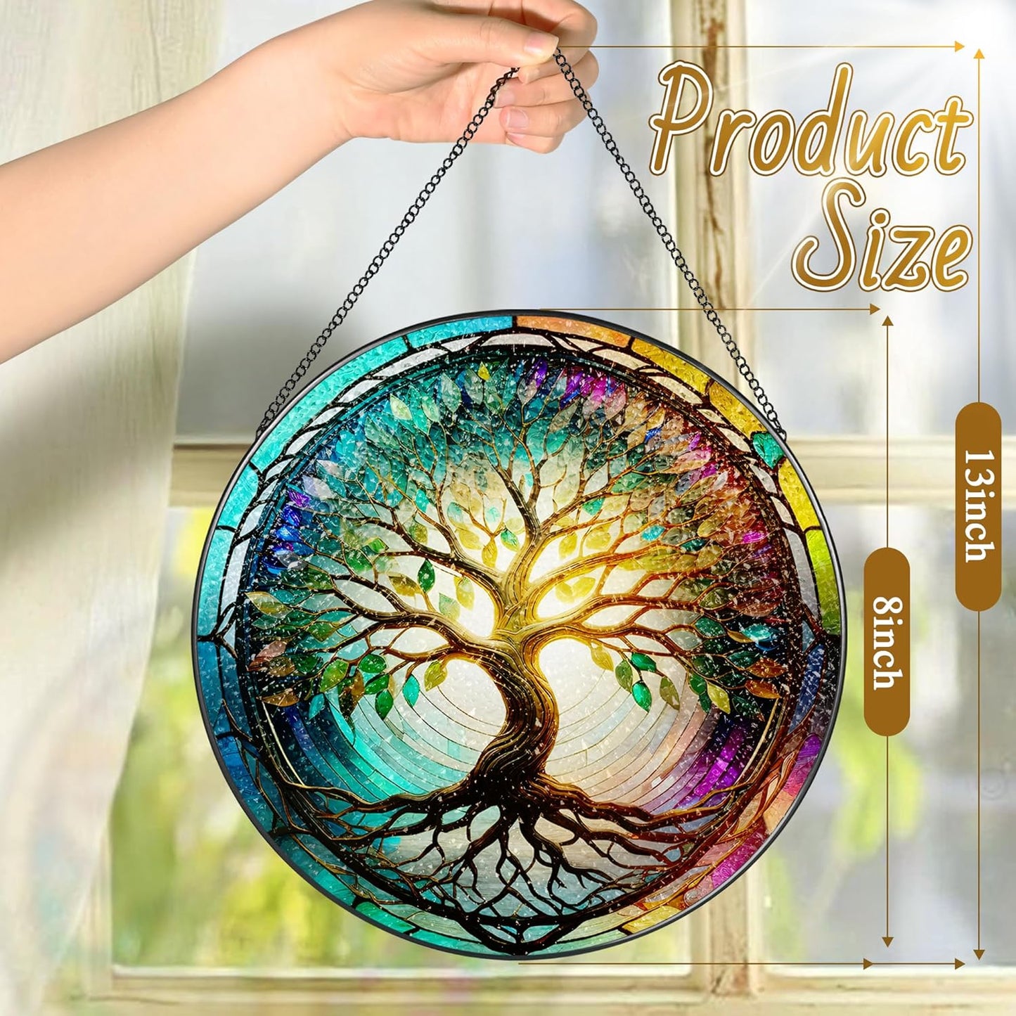 Stained Glass Window Hanging, LAOWEIKI 8'' Tree of Life Suncatcher, Stained Glass Ornament, Suncatchers for Windows Hanging, Window Decor, Outdoor or Indoor, Gifts for Mom, Grandma, Wife, Family