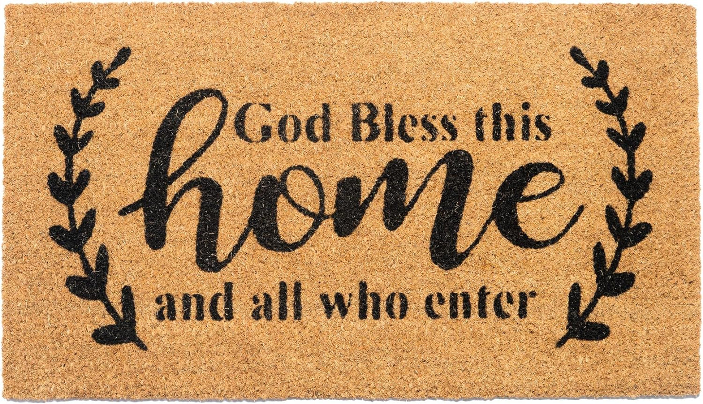 Welcome Doormats, Natural Coco Coir Mats with Non-Slip PVC Backing, Indoor Outdoor Mats for Home & Office, Mats for Door with God Bless This Home Print, Beige & Black, 30"x17"