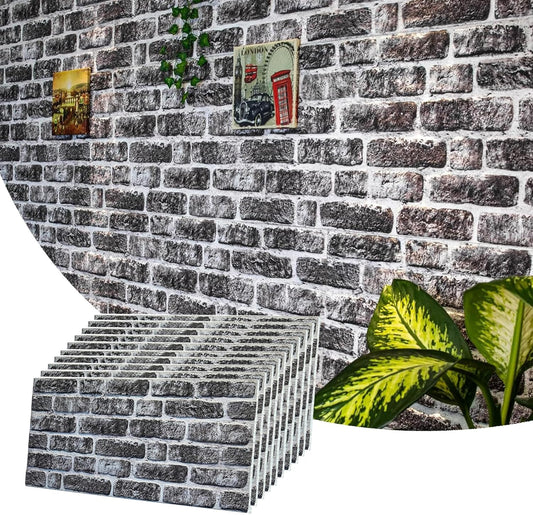 Dundee Deco 3D Wall Panels Faux Brick - Cladding, Charcoal White Stone Look Wall Paneling, Styrofoam Facing for Living Room, Kitchen, Bathroom, Balcony, Bedroom, Set of 10, Covers 54 sq ft