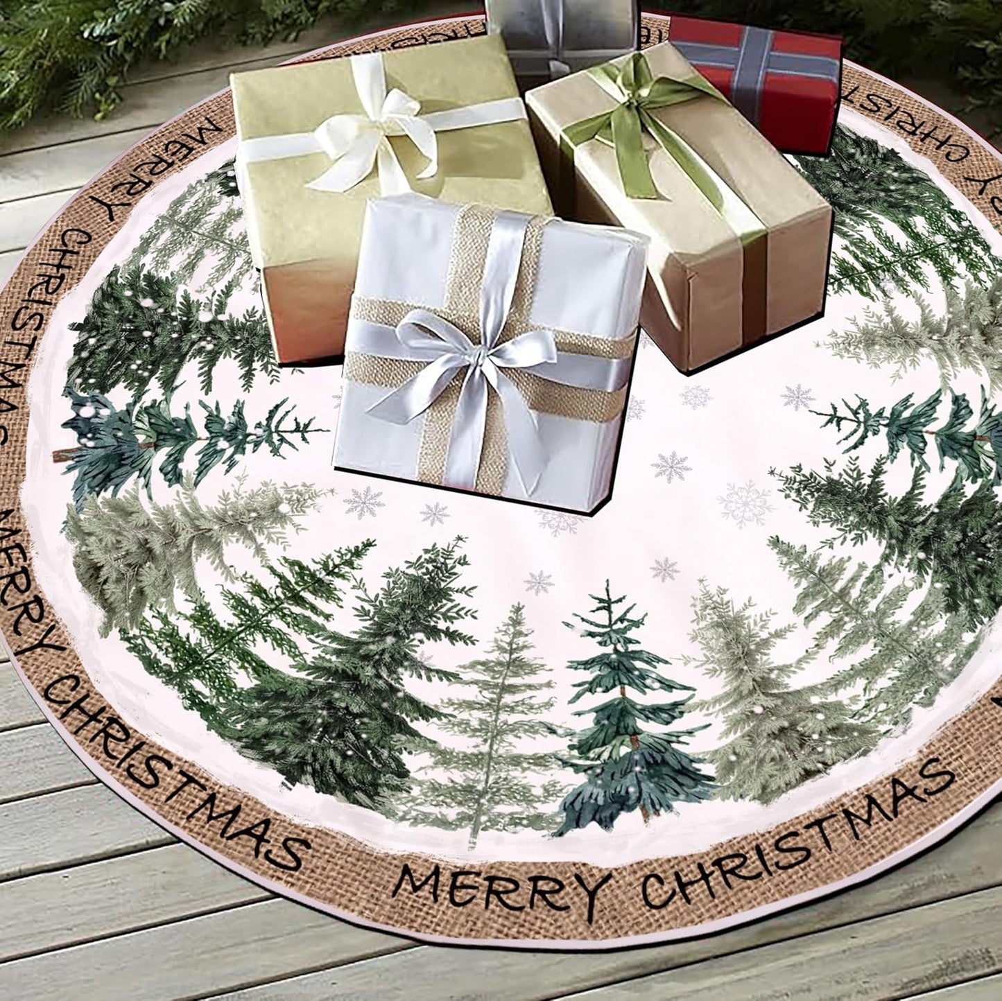 Baccessor Christmas Tree Skirt 36 Inch Pine Trees Snowy Forest Christmas Tree Skirt Collar for Farmhouse Vintage Rustic Merry Christmas Xmas Winter Holiday Party Decoration