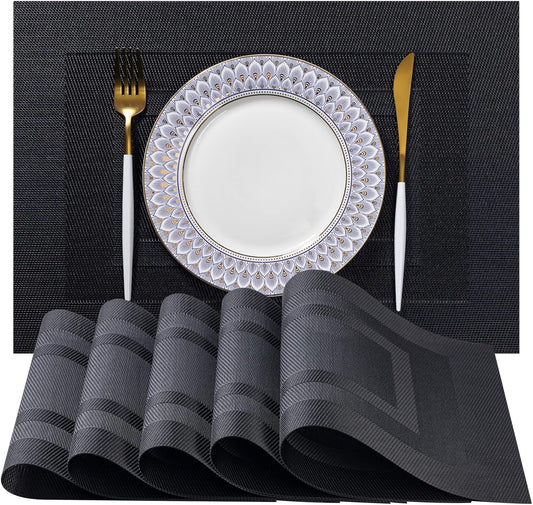 LEXMORE Placemats Set of 4 Vinyl/Plastic Woven Place Mats for Kitchen Table Indoor/Outdoor Washable Placemat Wipeable Dining Table Mats(Black Cube)