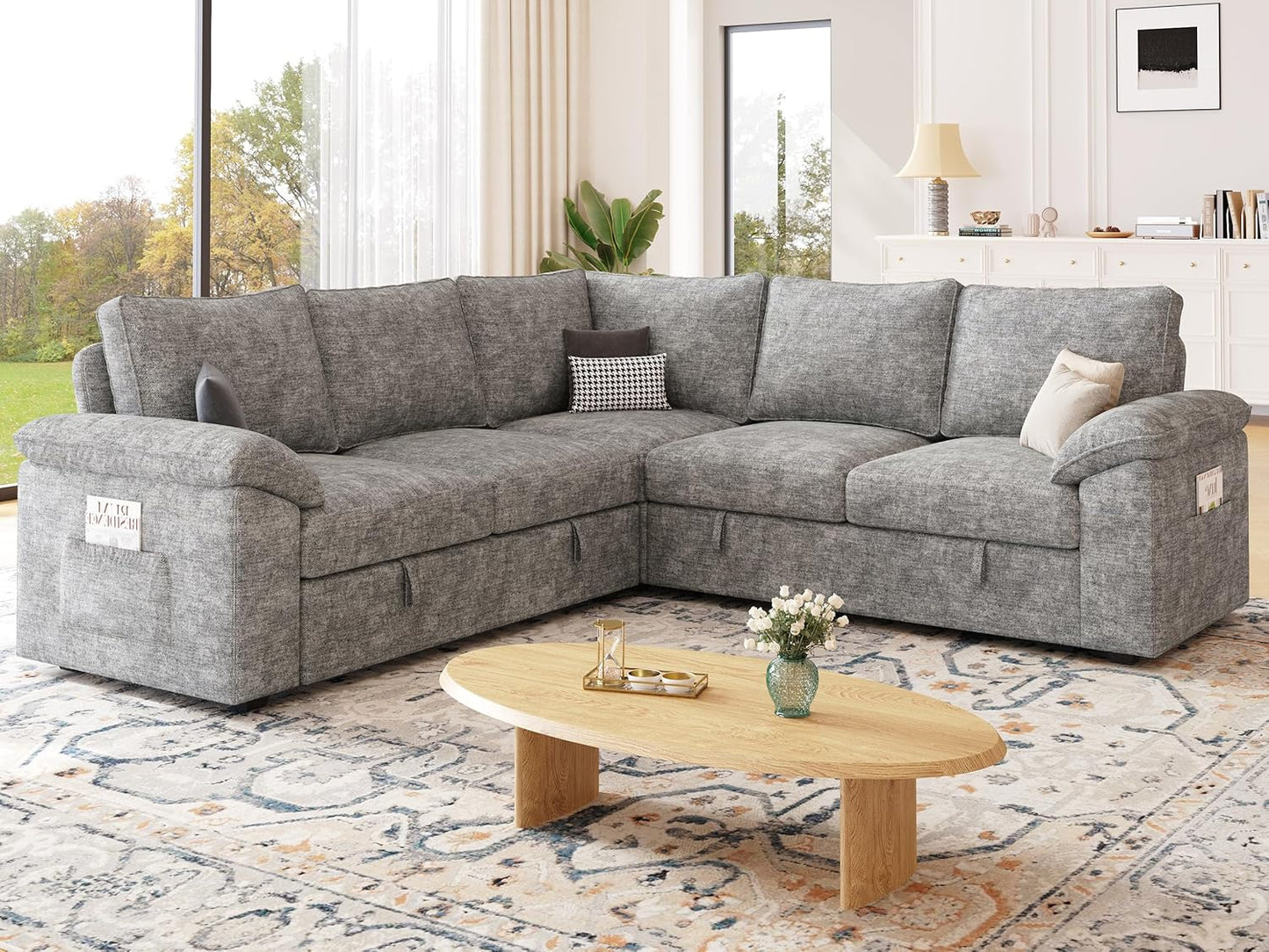 85 Inch Modular Sectional Sofa with Pull Out Bed,L Shaped 5 Seat Sectional Sleeper Sofa with Storage,Sectional Couches for Living Room,Cloud Modular Couch,Removable Sofa Cover,Light Gray