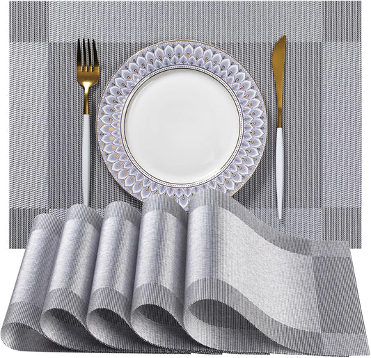 LEXMORE PlaceMats Set of 12 Vinyl/Plastic Woven Place Mats for Kitchen Table Indoor/Outdoor Washable PlaceMat Wipeable Dining Table Mats(Silver Cube)