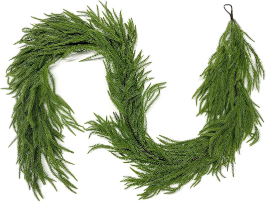 Senjie 6FT 2PCS Christmas Garlands Norfolk Pine Garland Real Touch Artificial Faux Greenery Garland for Holiday Indoor Outdoor Decor