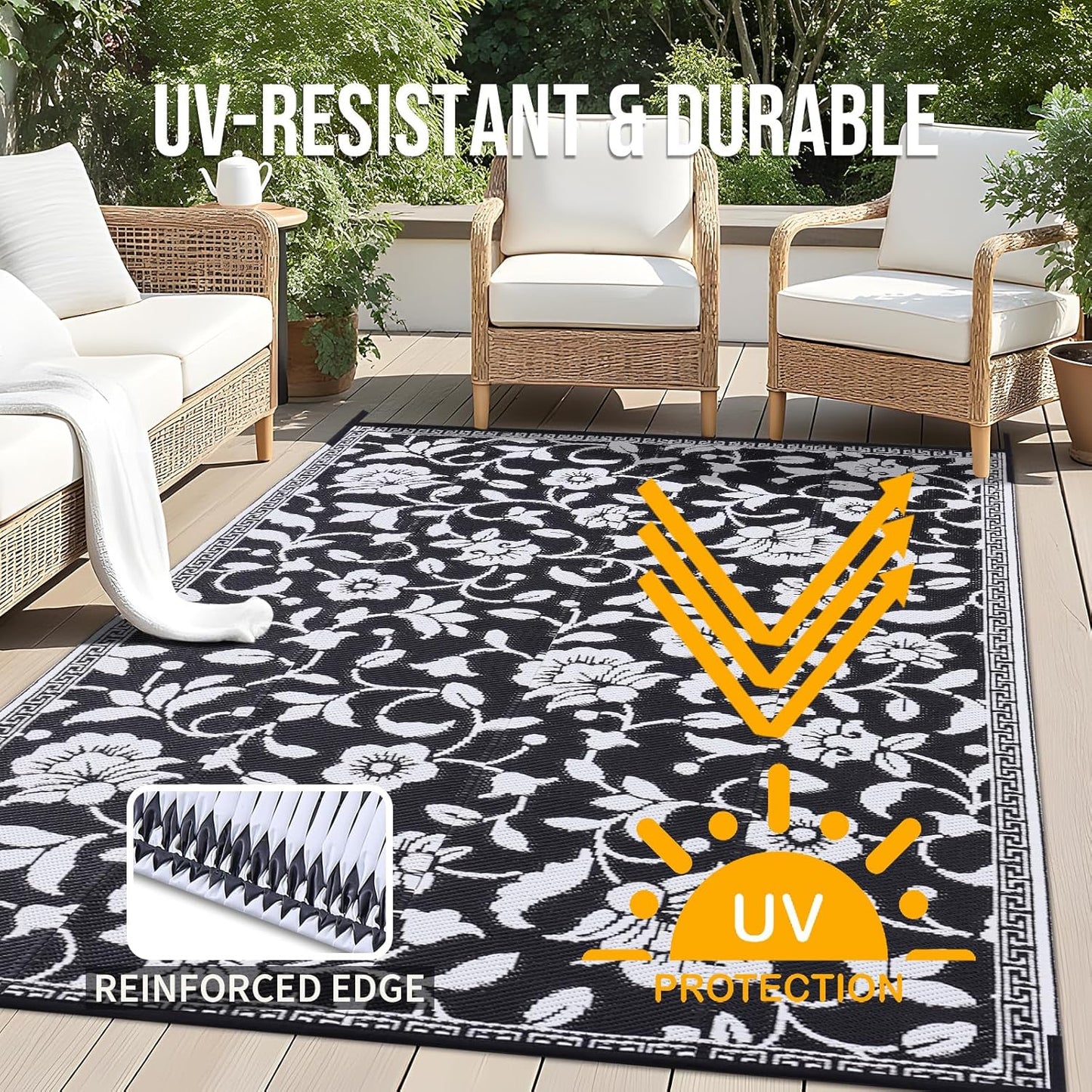 OLANLY Waterproof Outdoor Rug 6x9 ft, Outdoor Plastic Straw Rug with Flower Pattern, Reversible RV Mat for Patio, Camping, Balcony, Deck, Backyard, Black & White