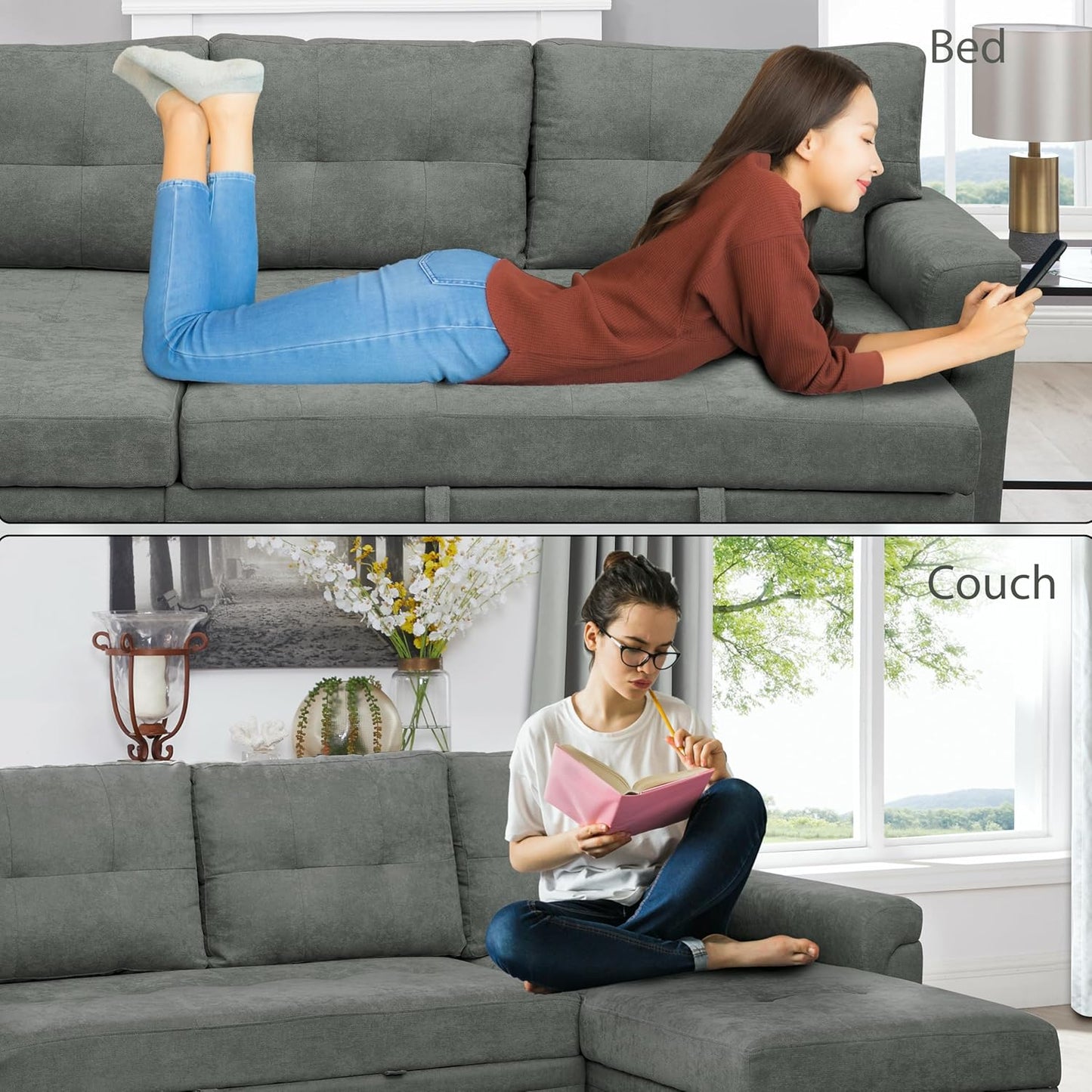 Naomi Home Transform Any Space: Sleeper Sectional Sofa with Convertible Sofa Bed & Inviting Chaise. Find Tranquil Comfort with Stress-Relieving Design & Durable Cushions - Gray/Velvet