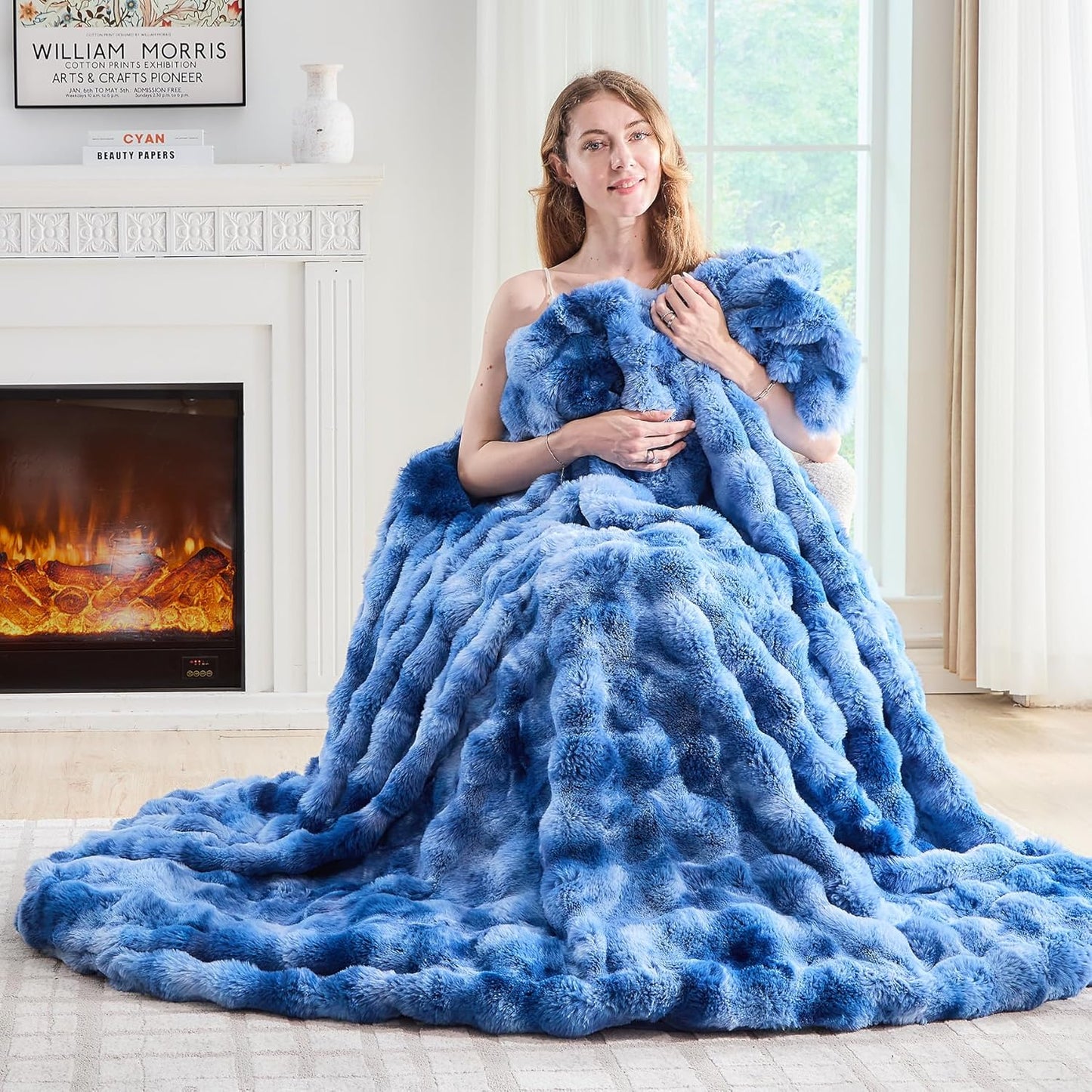 Lotus Karen Faux Fur Throw Blanket Tie-Dye Blue - Big Bubble Rabbit Fluff Blanket for Couch, Large Fluffy Fuzzy Cozy Blanket,Thick Furry Plush Shaggy Blankets,108x90 Inches