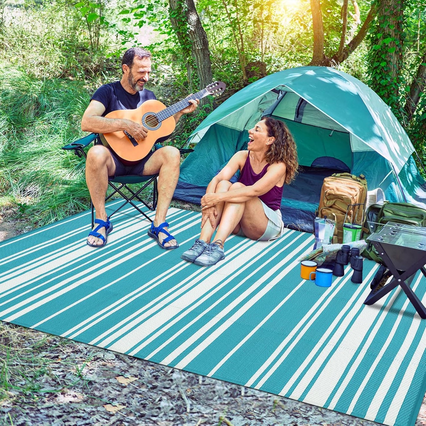 Waterproof Outdoor Rug 8x10 Contemporary Reversible Plastic Straw Rug, Easy Cleaning Striped Patio Carpet, UV-Resistant Indoor Outdoor Floor Cover for RV, Porch, Deck, Backyard, Light Blue