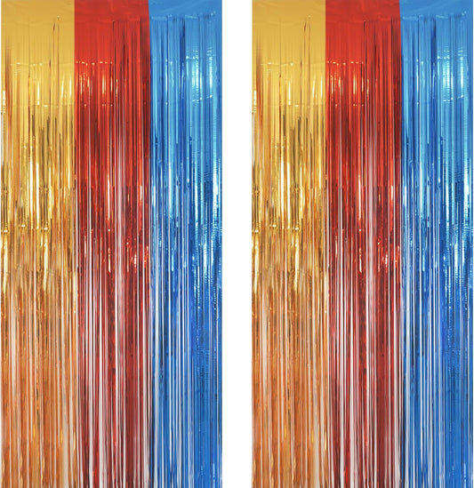 Gold Red Blue Party Backdrop - GREATRIL Tinsel Fringe Curtain for Paw Birthdays Decorations 2 Packs