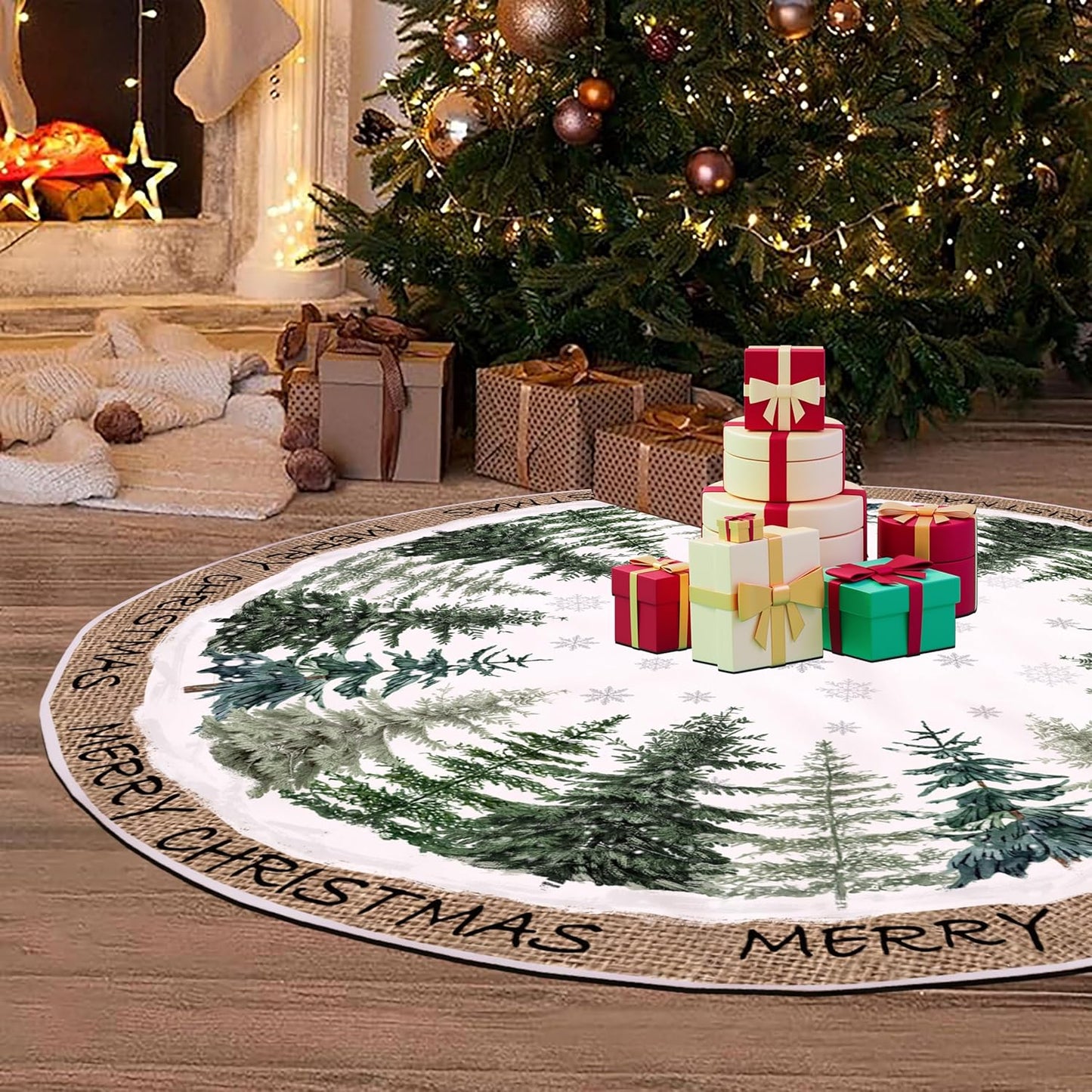 Baccessor Christmas Tree Skirt 36 Inch Pine Trees Snowy Forest Christmas Tree Skirt Collar for Farmhouse Vintage Rustic Merry Christmas Xmas Winter Holiday Party Decoration