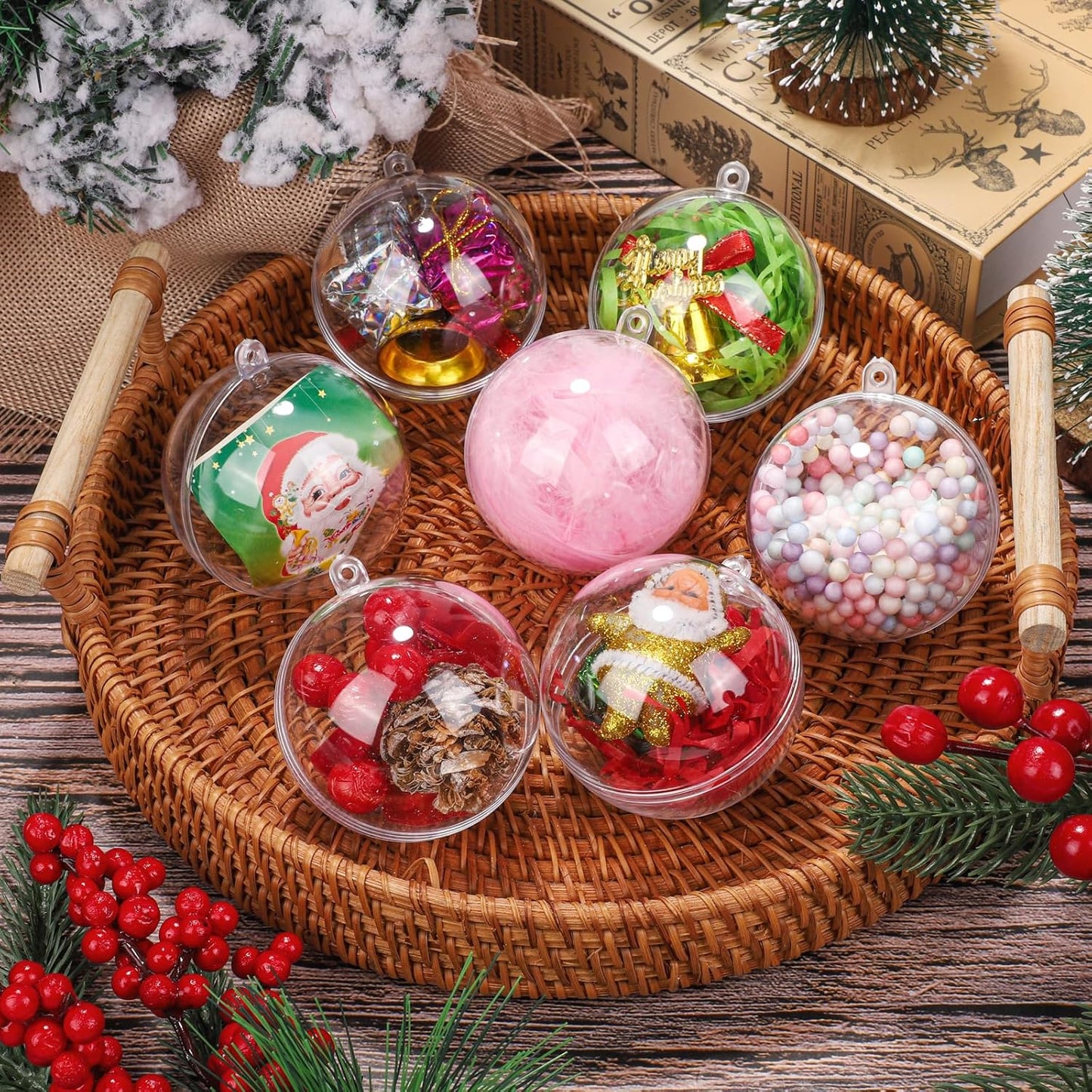 ANVAVO 100 Pieces 60mm Christmas Clear Plastic Fillable Ball Ornaments DIY Craft Transparent Baubles Shatterproof Christmas Tree Hanging Ornaments for Christmas New Years Birthday Wedding Home Decor