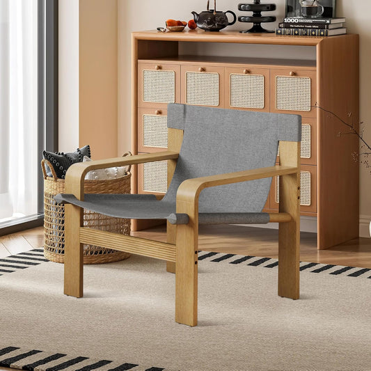 Mid-Century Accent Chair with Wide Armrest & Solid Wood Frame, Detachable and Washable Armchair, Modern Living Room Reading Chairs for Bedroom Sunroom Bedroom Balcony,Light Grey