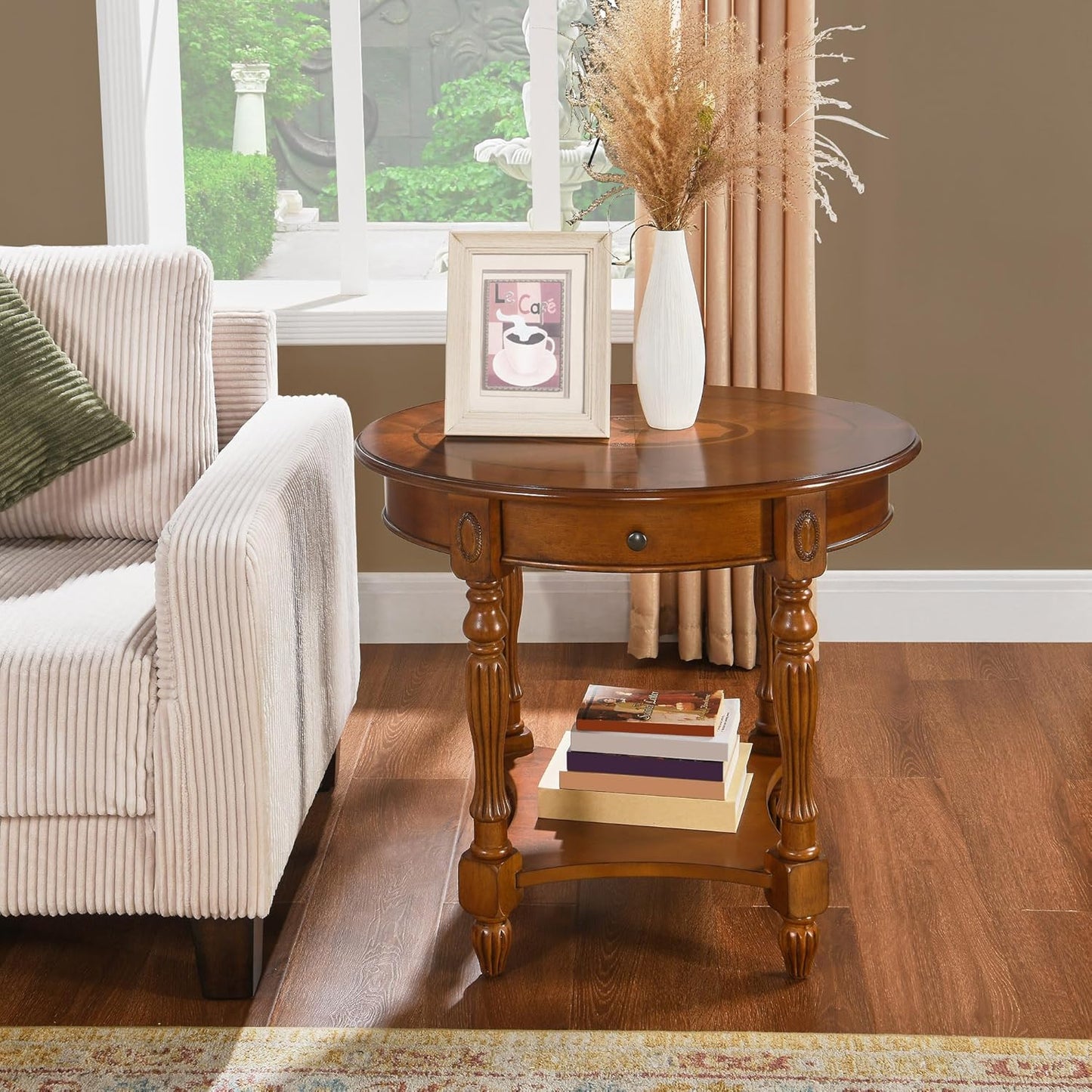 Solid Wood End Table with Drawer and Storage Shelf, Oval Sofa Side Table with Carved Legs, Living Room Corner Table, Large Beside Table, Elegant Vintage, No-Tools Assembly, Caramel Brown CJZ1533MG